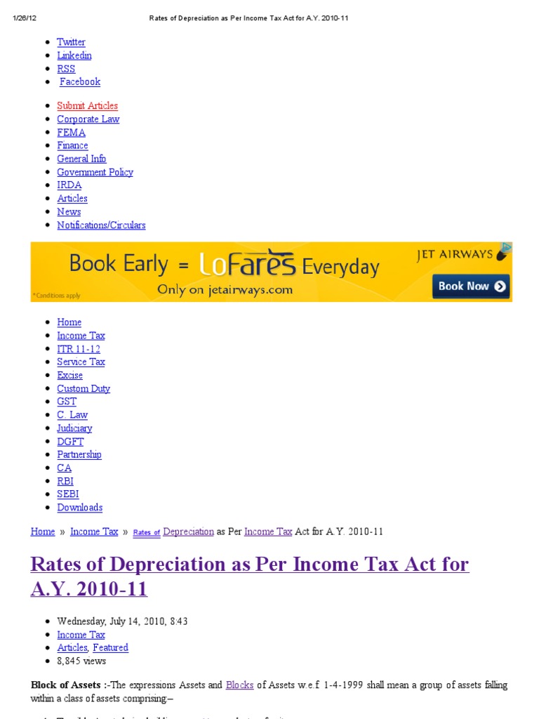 Rates of Depreciation As Per Tax Act For A.Y PDF