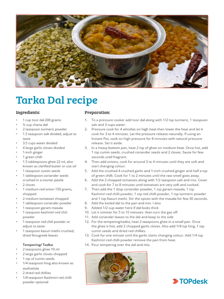 Tarka Dal recipe, | PDF | Teaspoon | Foods