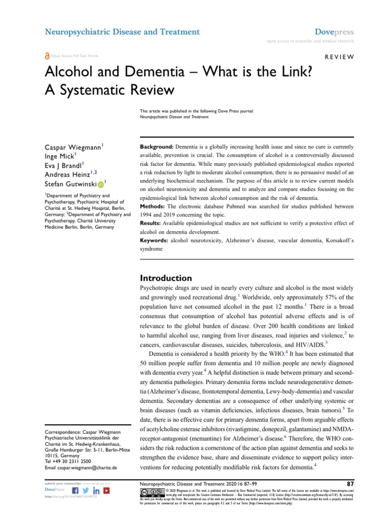 Alcohol and Dementia - What Is The Link A Systematic Review | PDF ...