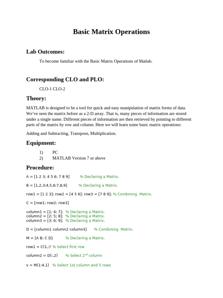 Essential MATLAB Matrix Operations | PDF | Matrix (Mathematics ...