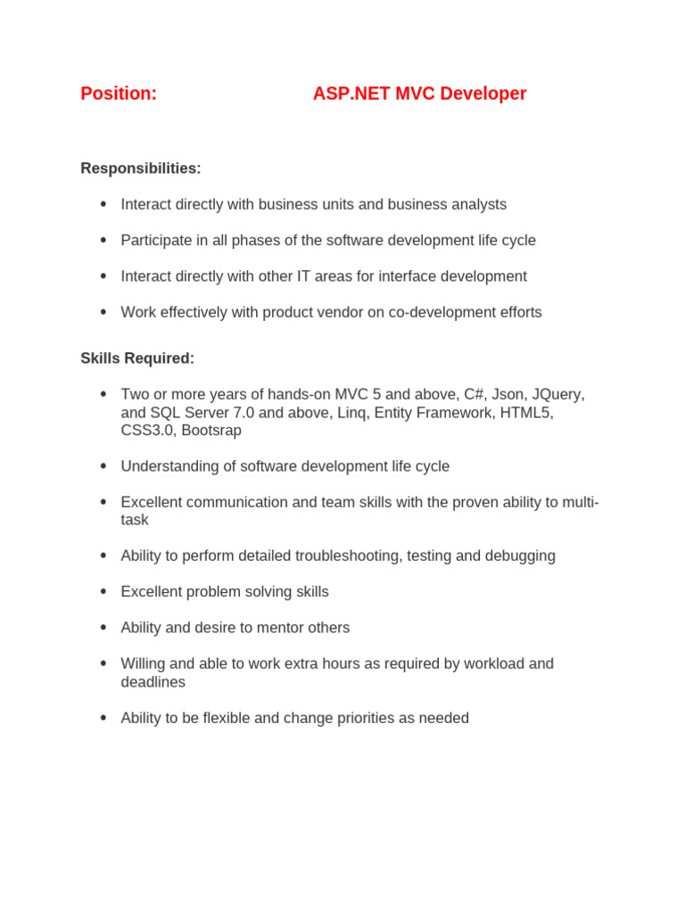 MVC Developer JD | PDF