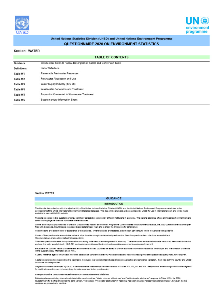 2020 UNSD Water Statistics Questionnaire | PDF | Sewage Treatment ...