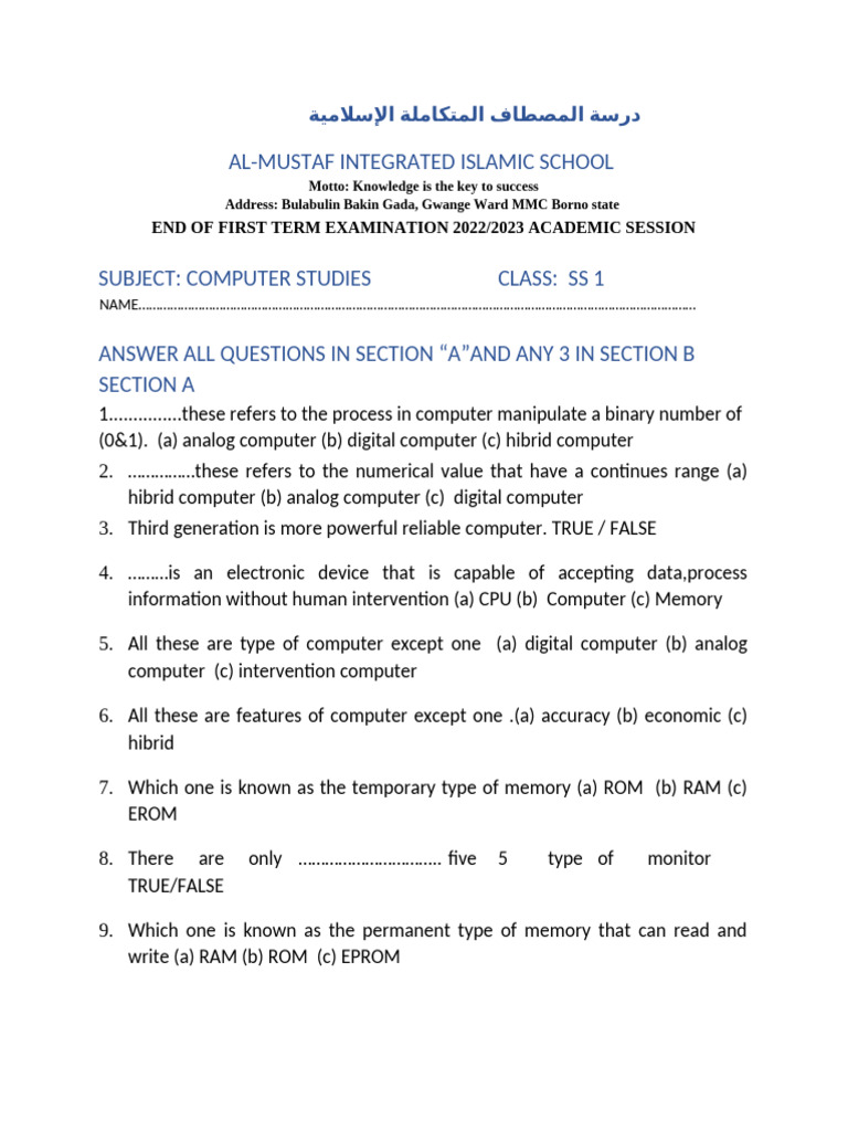 Computer Studies Exam for SS 1 & SS 2 | PDF | Computer Data Storage ...