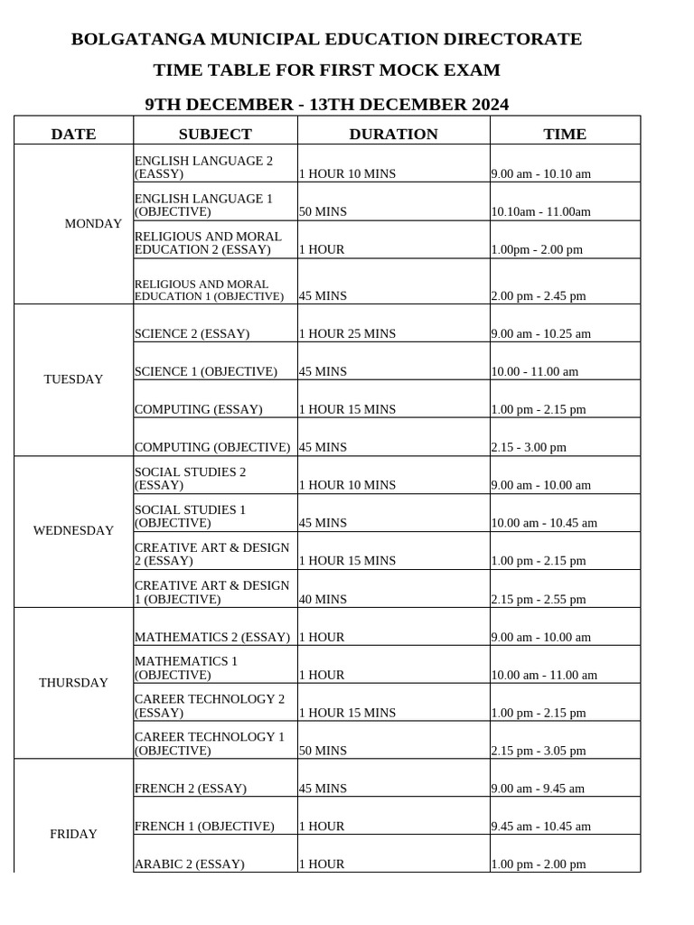 Bolgatanga Mock Exam Schedule 2024 | PDF