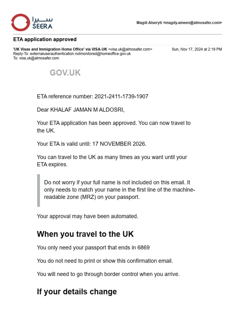 Approved ETA for UK Travel Confirmation | PDF | Travel Visa | Passport
