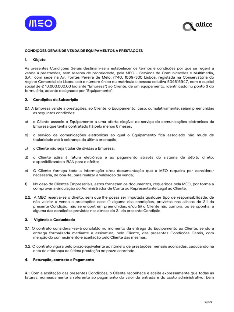 Condições de Venda a Prestações MEO | PDF | E-commerce