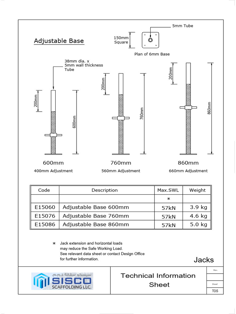 Adjustable Base Specifications and SWL | PDF