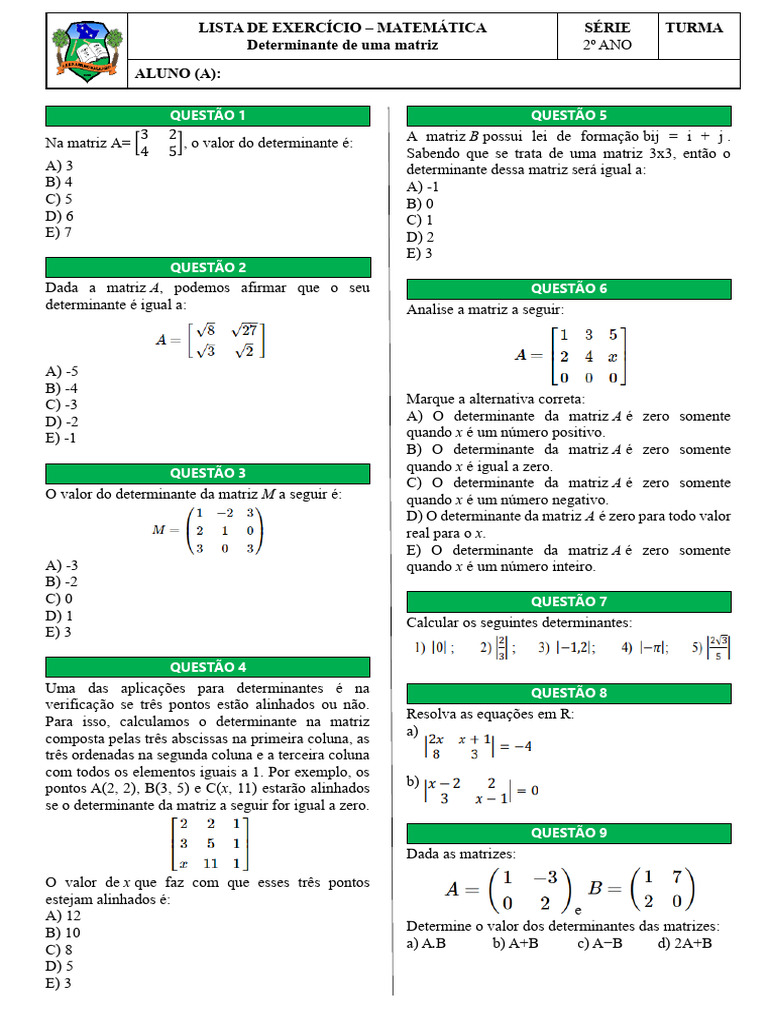 Exercícios sobre Determinantes de Matrizes | PDF | Determinante ...