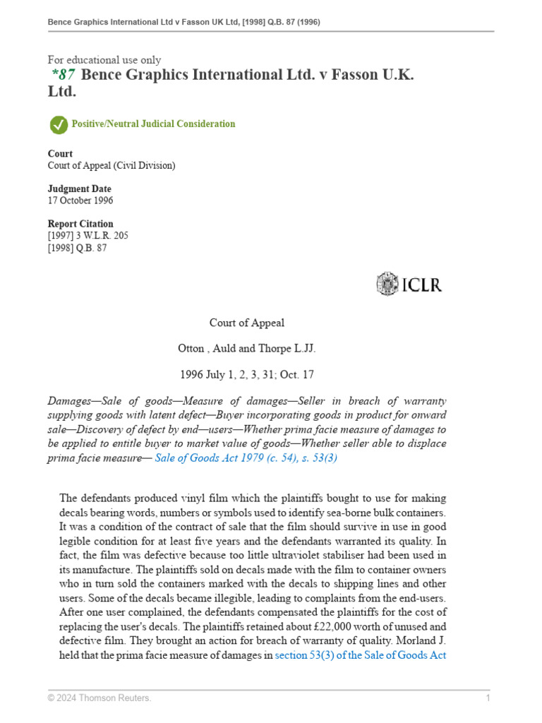 Bence Graphics v Fasson: Damages Appeal | PDF | Damages | Breach Of ...