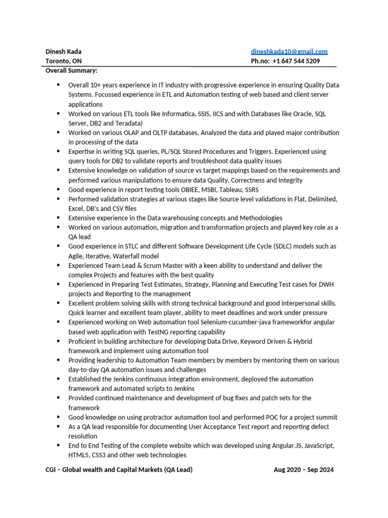 Dinesh Kada - ETL - Automation - QA | PDF | Software Development ...