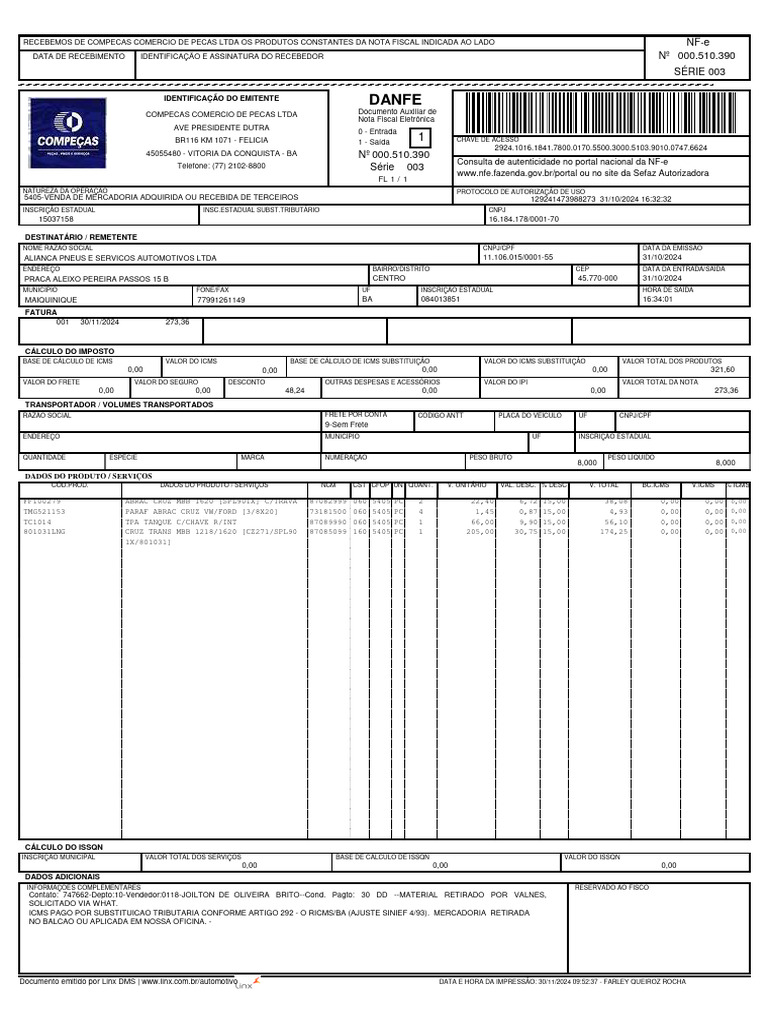 Nota Fiscal Eletrônica de Venda 510390 | PDF | Finanças pessoais ...