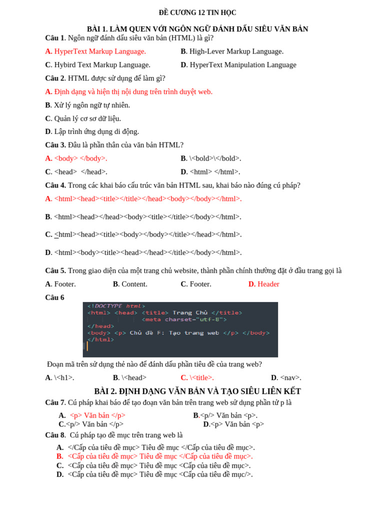 De Cuong Tin 12 Học Kỳ 1 | PDF