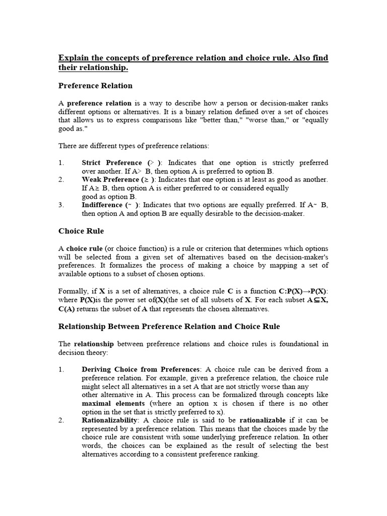 Explain The Concepts of Preference Relation and Choice Rule Plus ...