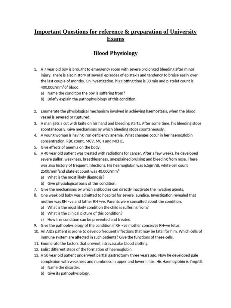 Key Questions on Blood Physiology for Exams | PDF | Bleeding | Anemia