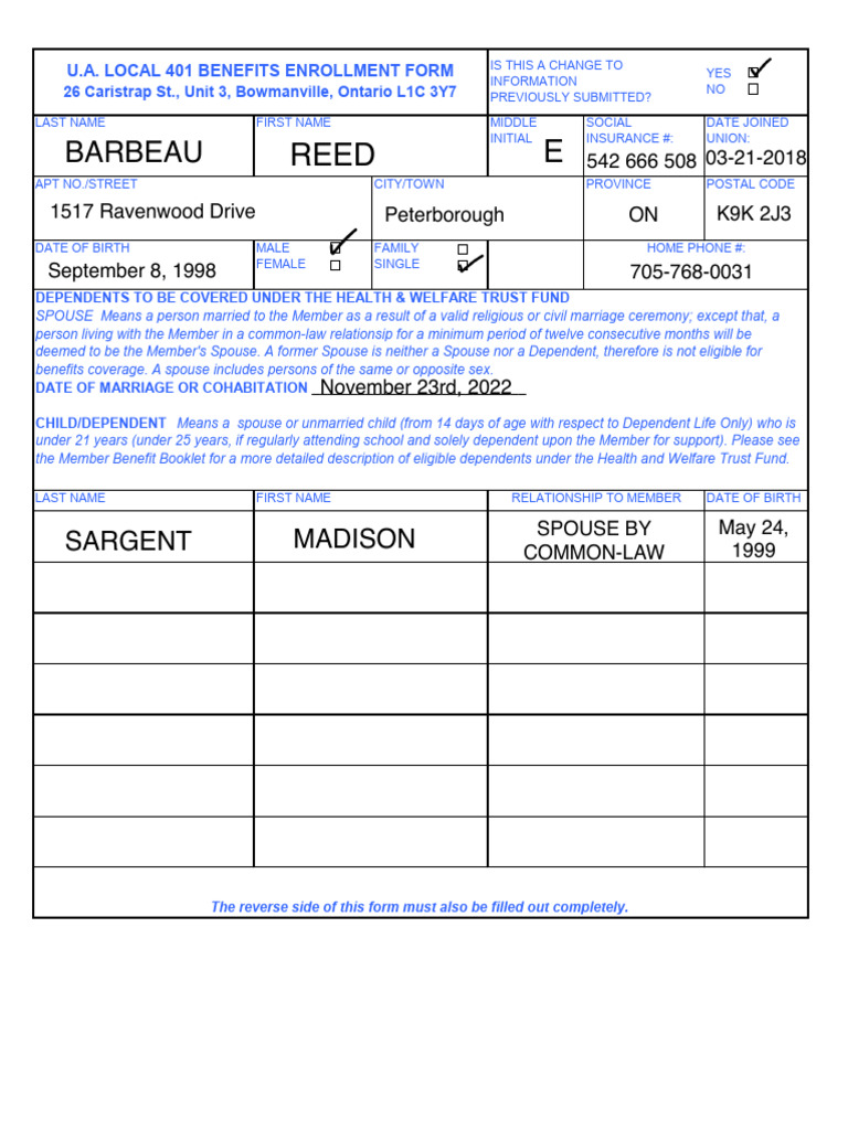 Enrollment Form UA Local 666 | PDF | Pension | Marriage