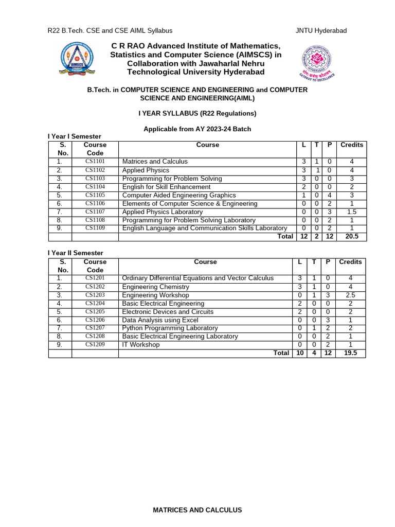 CSE AIML 1st Year Syllabus R22 | PDF | Matrix (Mathematics ...