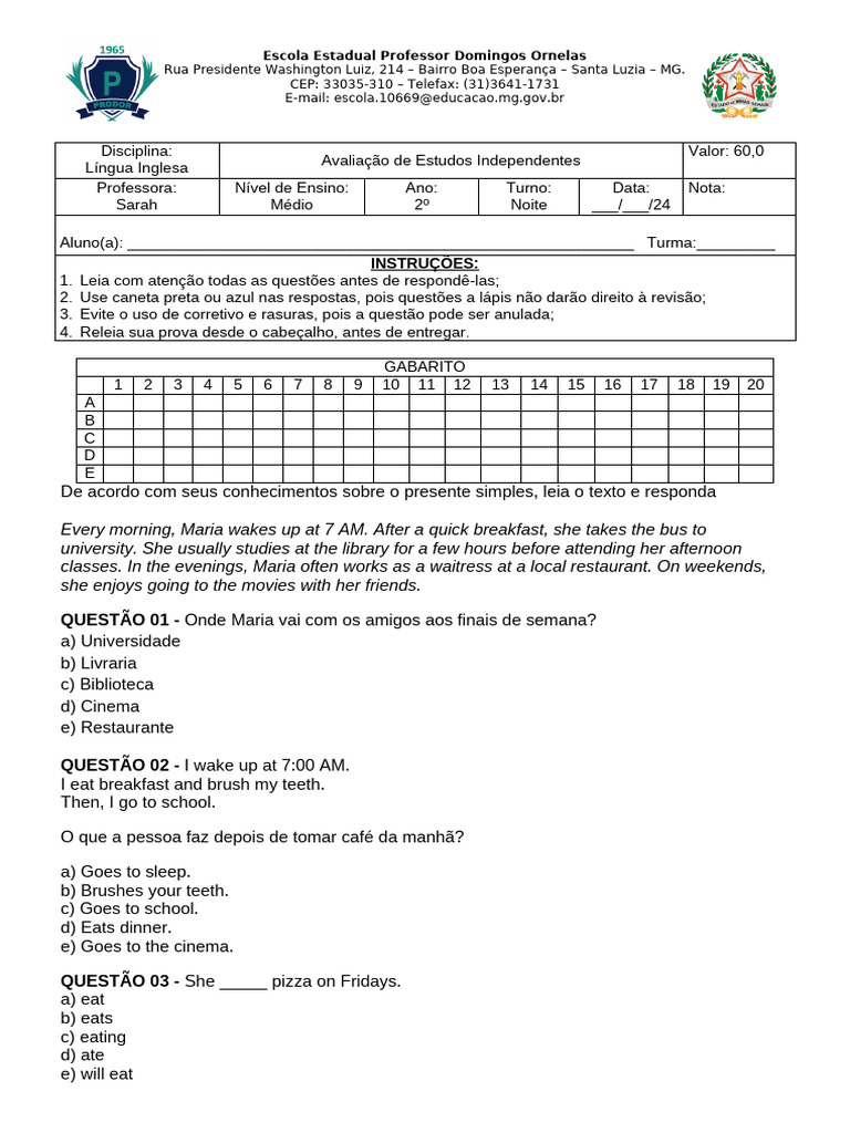 Prova de Inglês 2º Ano com Gabarito 2024 | PDF