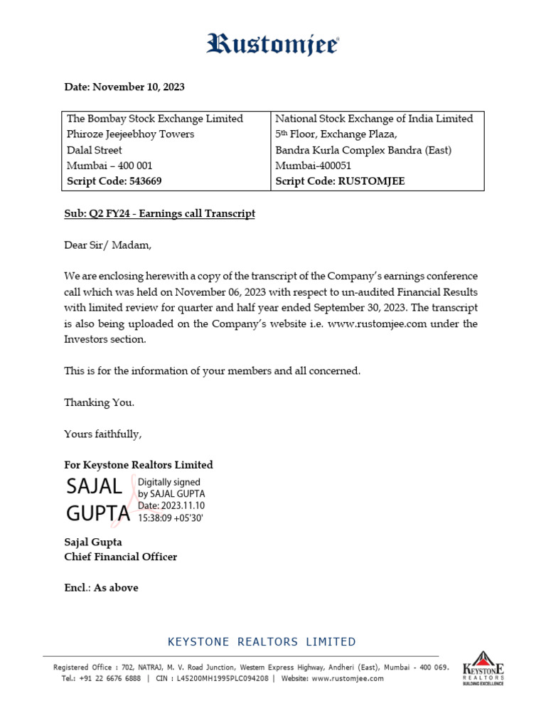 RUSTOMJEE 10112023155301 Rustomjee Q1FY2024 Transcript | PDF