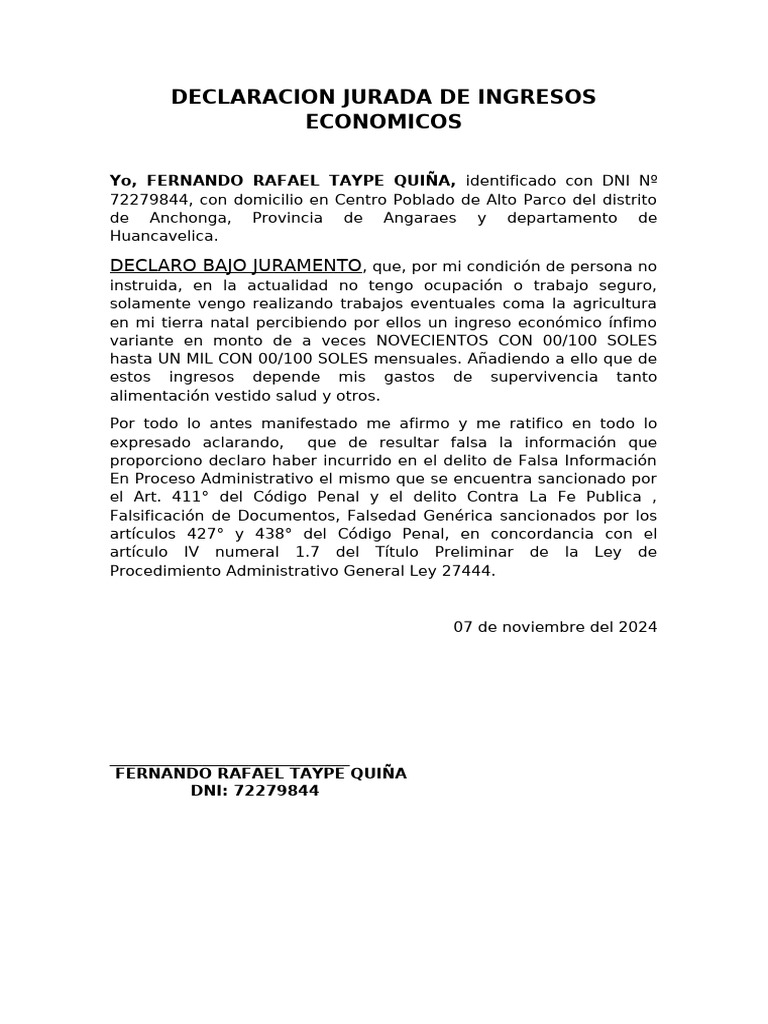 Declaración Jurada de Ingresos 2024 | PDF