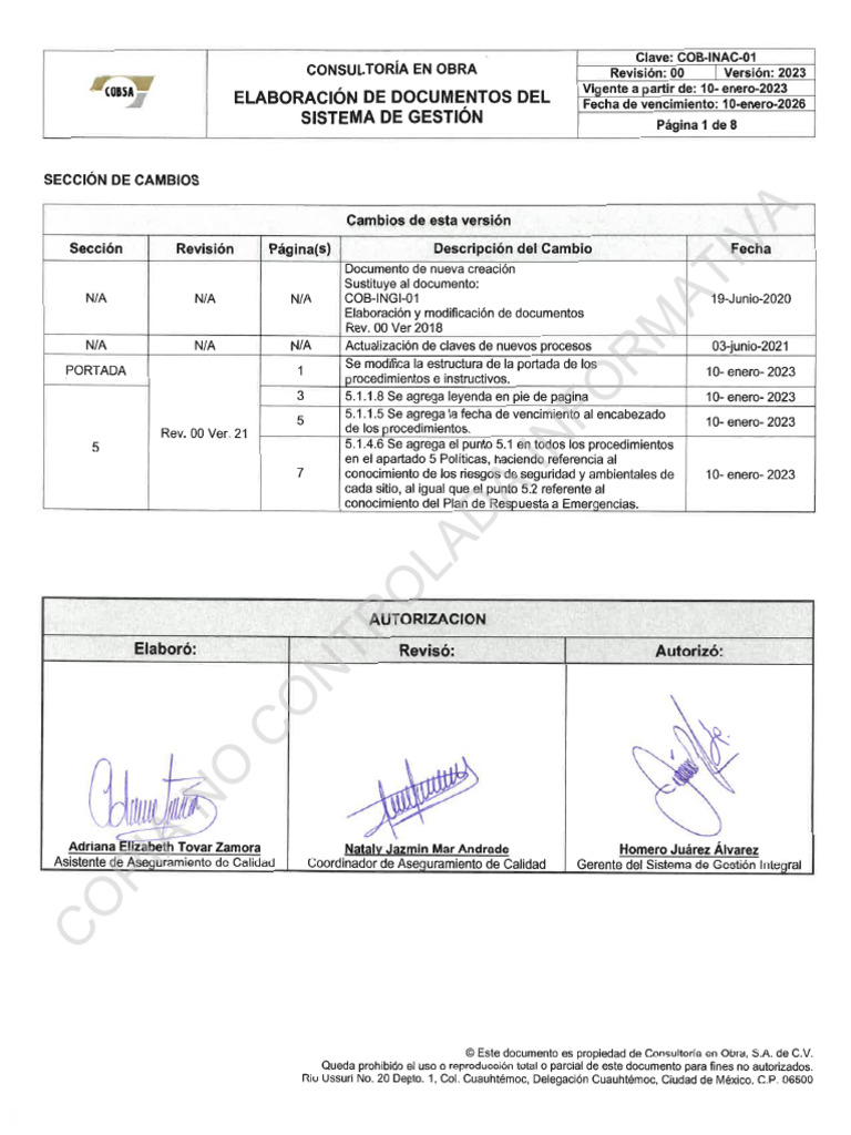 COB-INAC-01 ELABORACION DE DOCUMENTOS DEL SISTEMA DE GESTION Ver.23 | PDF