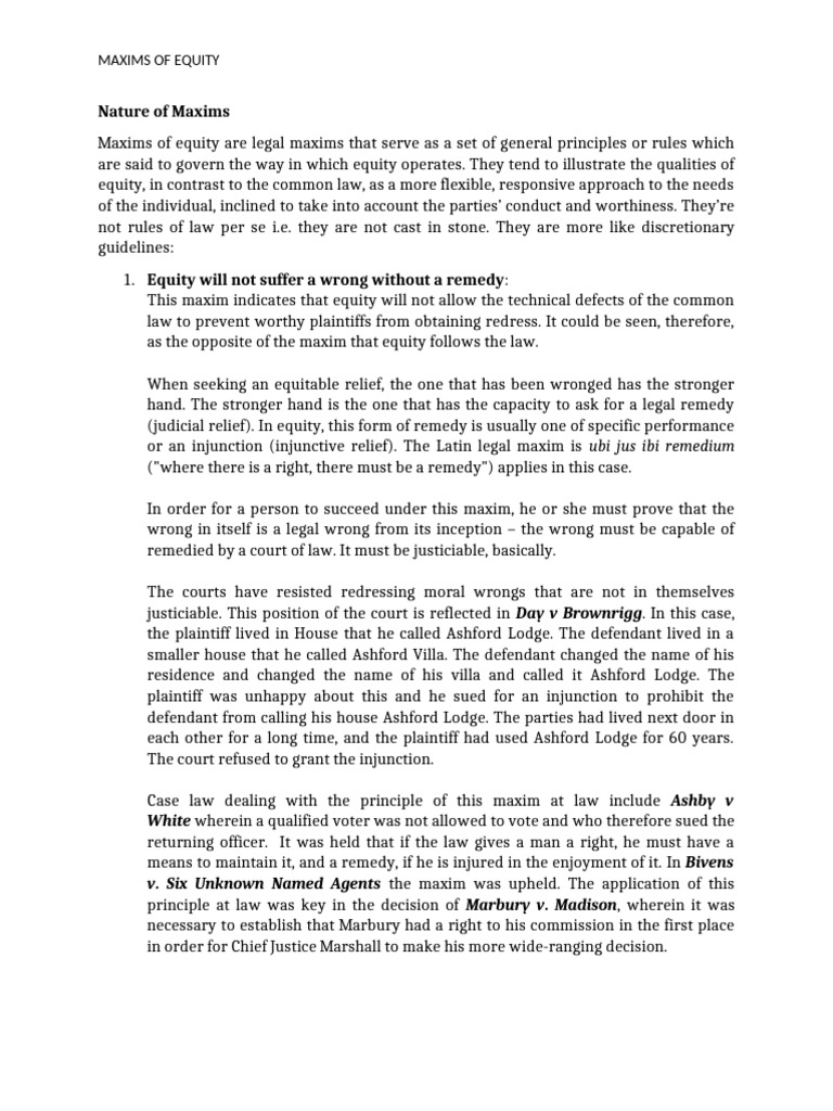 Maxims Of Equity Pdf Legal Remedy Equity Law