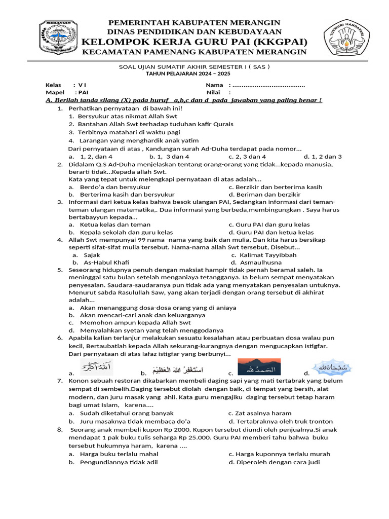 Soal Ujian Pai Kelas Vi 2024 2025 Pdf