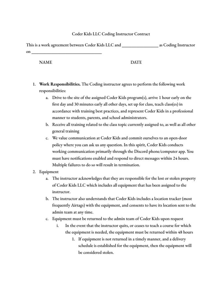 Coder Kids LLC Instructor Contract | PDF