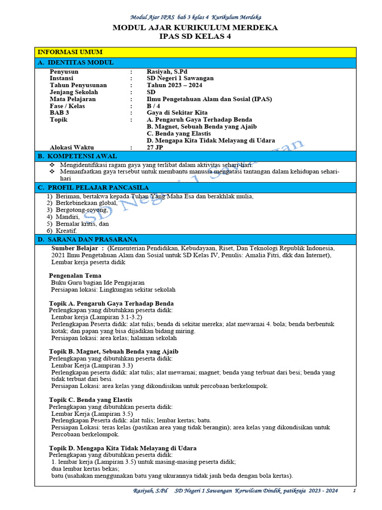 1 Modul Ajar Ipas Bab 3 Kelas 4 | PDF