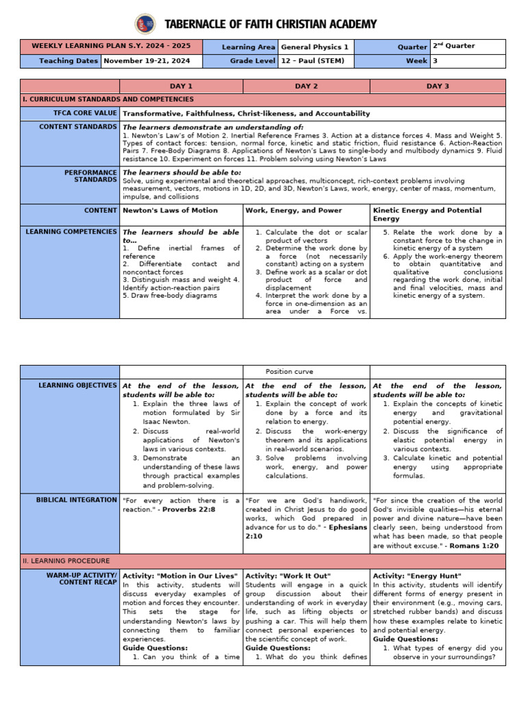 WEEKLY LEARNING PLAN SY 2024-2025 (PHYSICS 1 WEEK 3) | PDF | Force ...