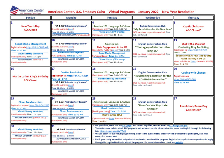 ACC January 2022 Virtual Program Calendar | PDF
