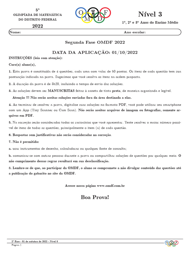 Prova 2ª Fase OMDF 2022 - Nível 3 | PDF | Equações | Matemática