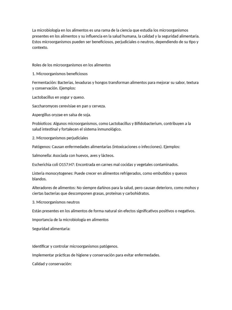 La Microbiología en Los Alimentos Es Una Rama de La Ciencia Que Estudia ...