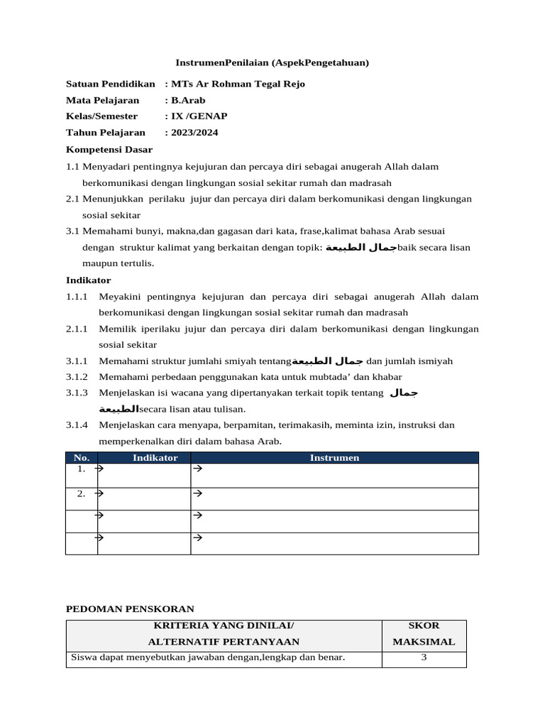Penilaian Bahasa Arab Kelas IX MTs 2024 | PDF