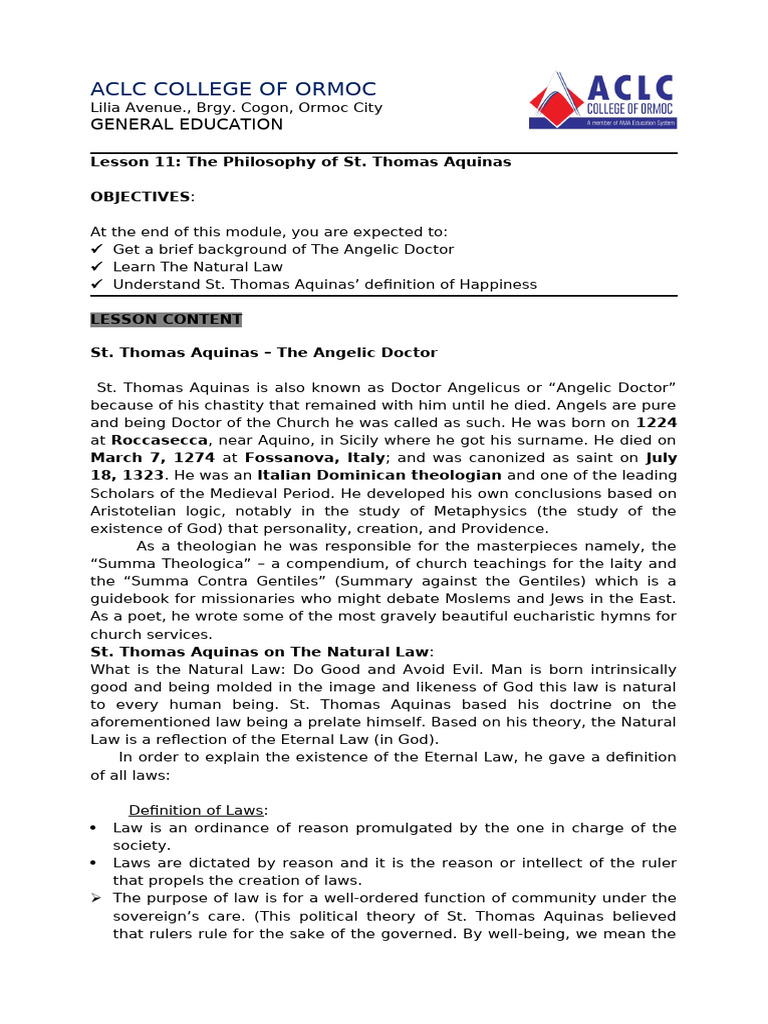 St. Thomas Aquinas: Natural Law & Happiness | PDF | Thomas Aquinas | Virtue