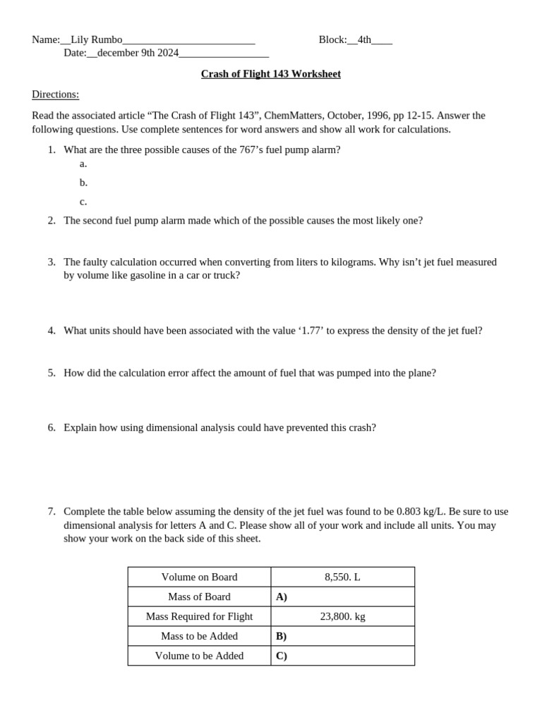 Crash of Flight 143 Worksheet PDF