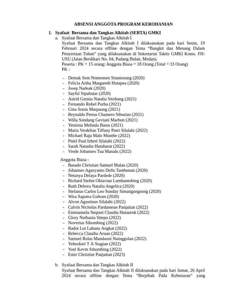 Absensi Anggota Program Kerohanian | PDF