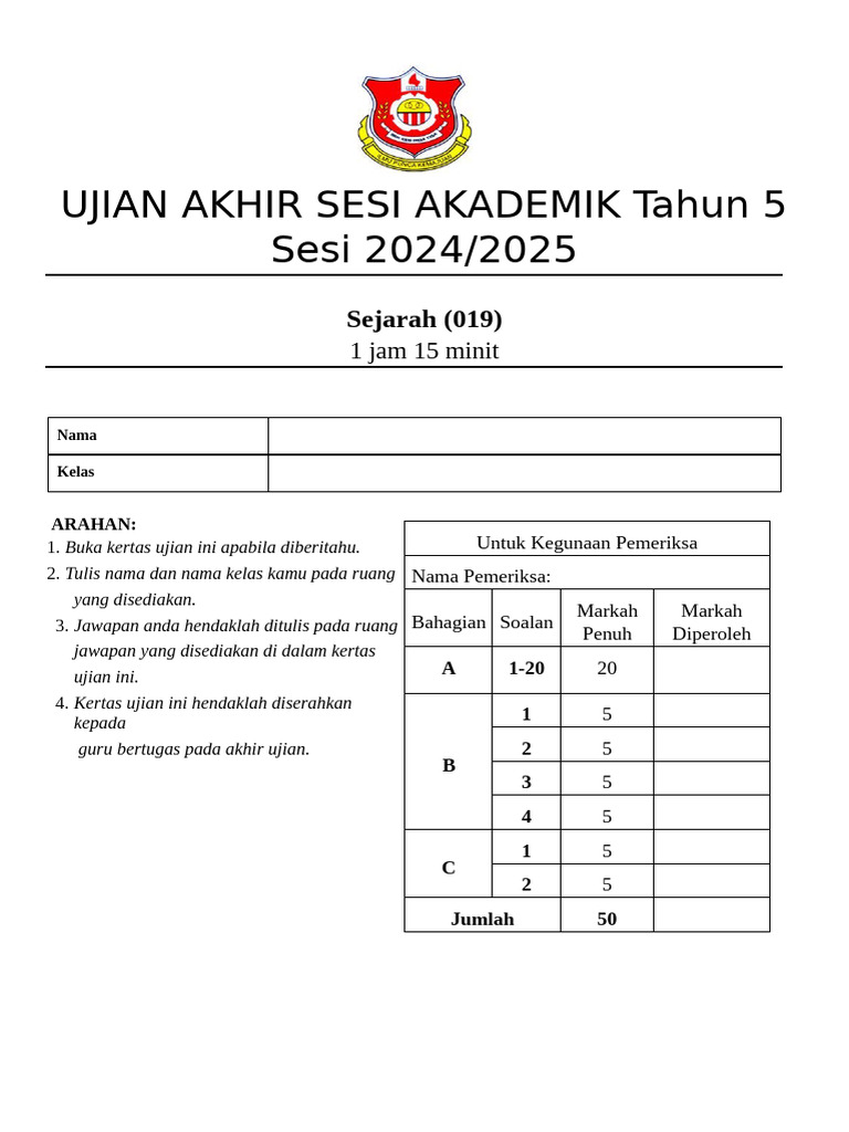 Uasa Sejarah THN 5 Set A 2024 2025 | PDF