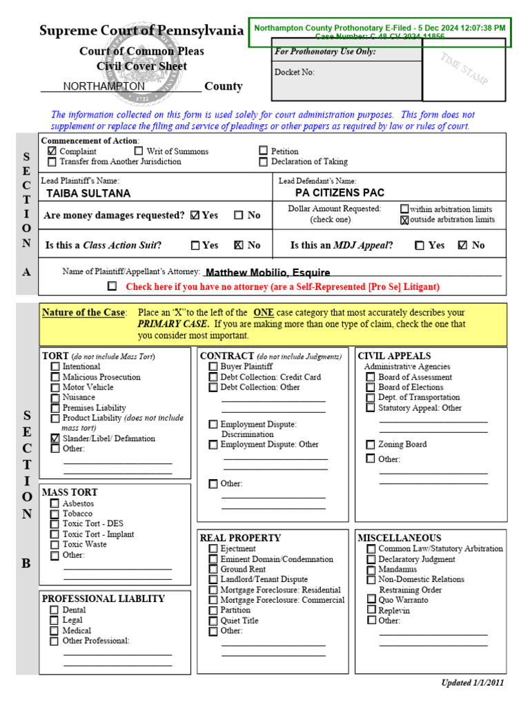 Northampton County Civil Action Case | PDF | Lawsuit | Defamation