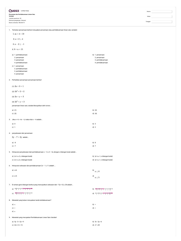 Dddpersamaan Dan Pertidaksamaan Liniear Satu Variabel Quizizz Pdf