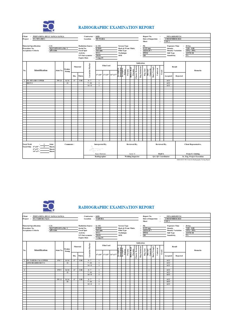 Radiographic Examination Report: KRS Sanga | PDF | Welding | Construction