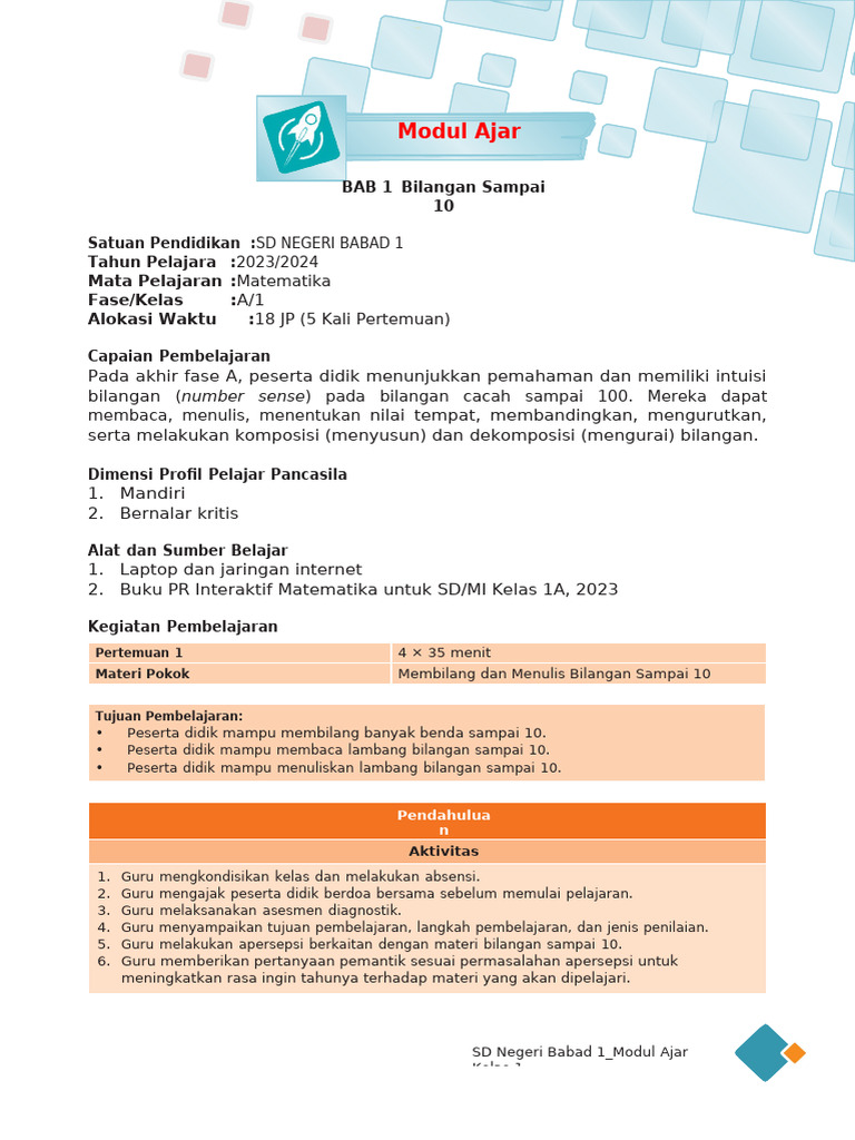 Modul Ajar Matematika Kls 1 | PDF