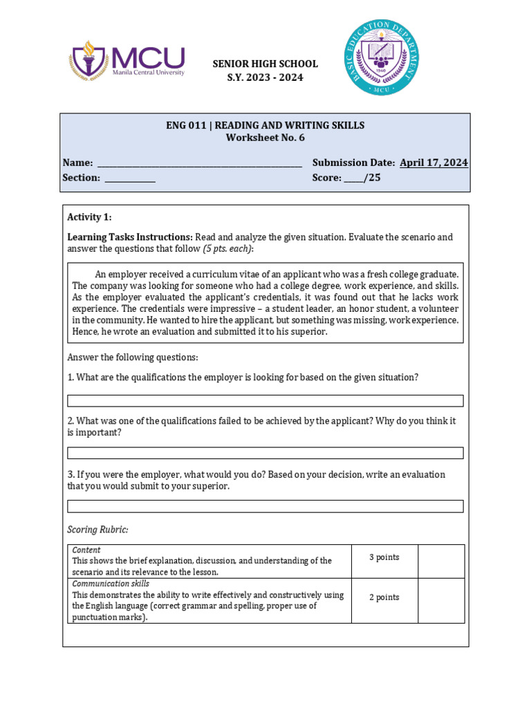 ENG 011 Worksheet 6 | PDF | Rubric (Academic) | Learning