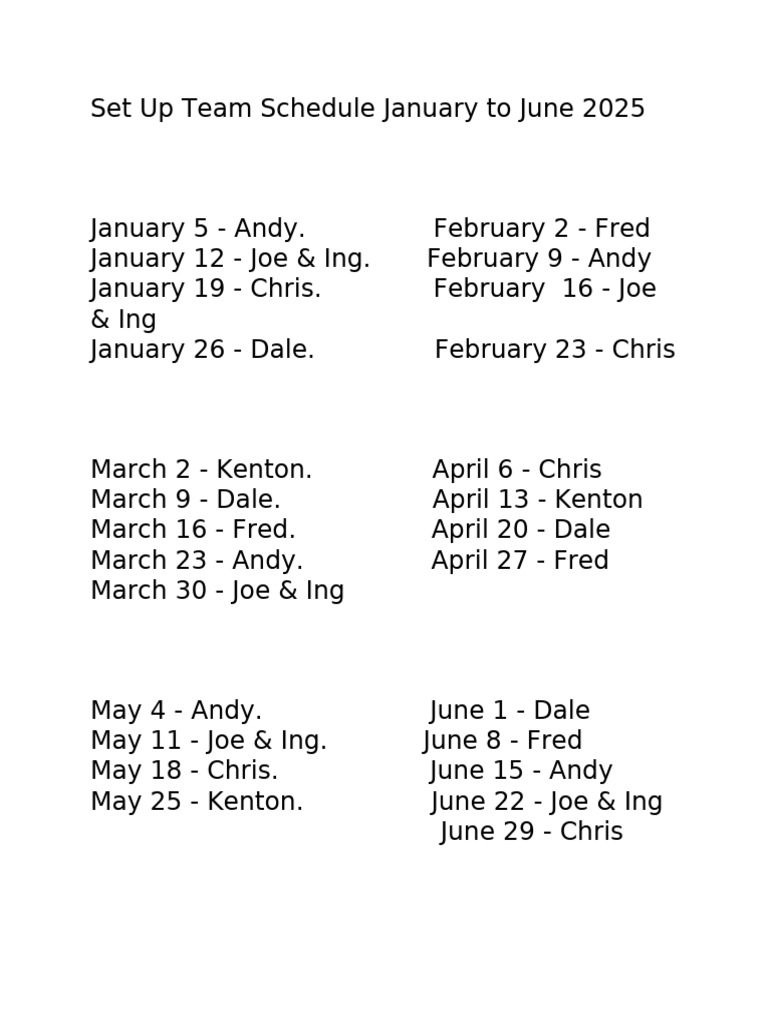 Set Up Team Schedule Jan To June 2025 PDF