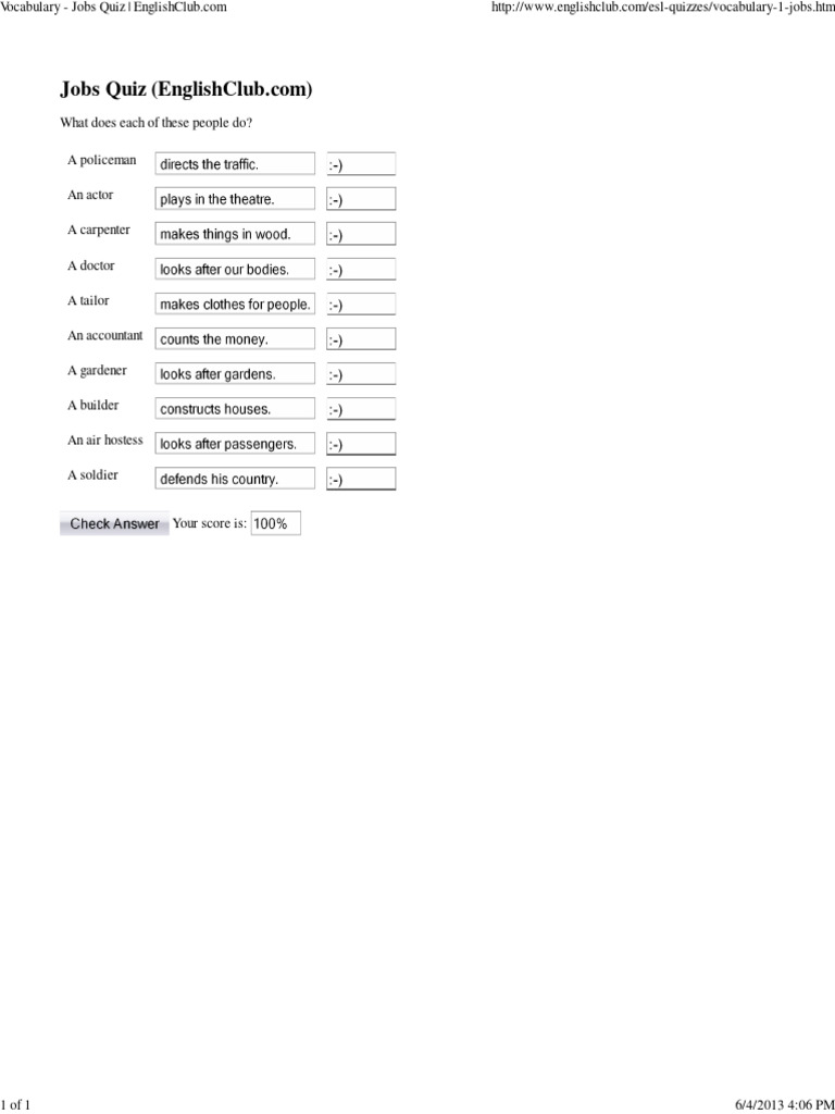 Vocabulary - Jobs Quiz - EnglishClub | PDF