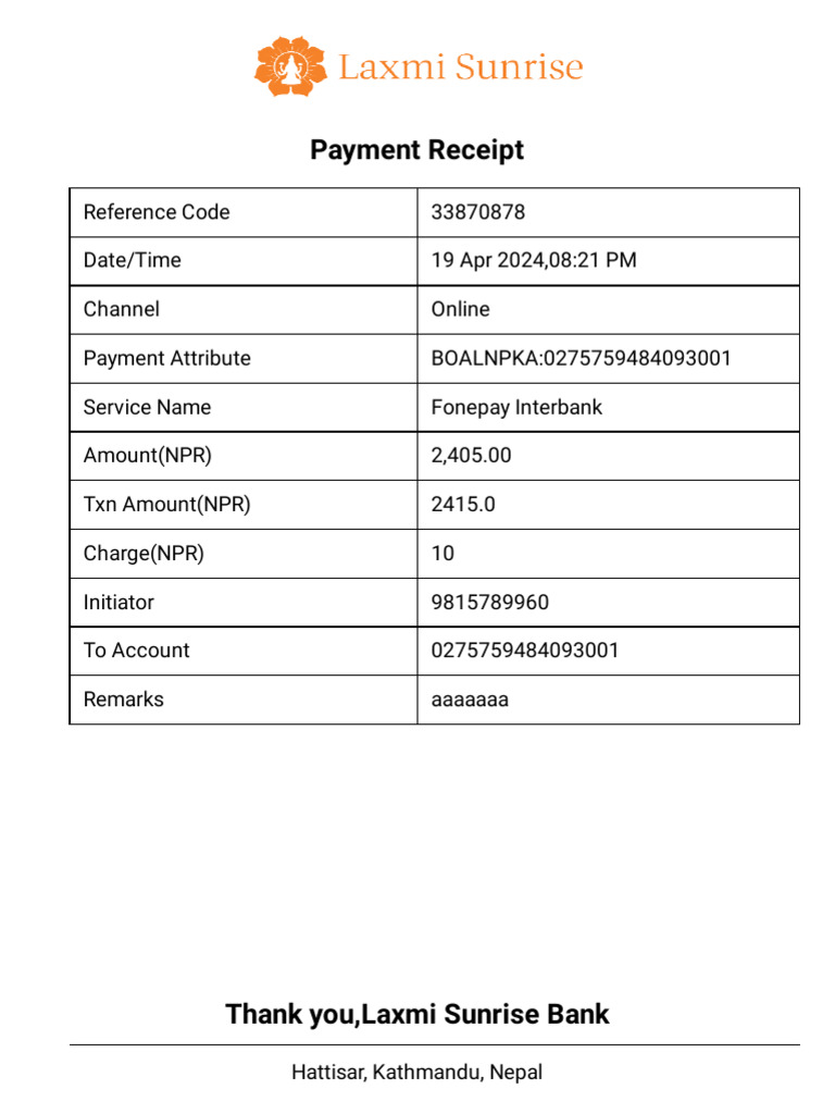 Fonepay Payment Receipt - April 2024 | PDF