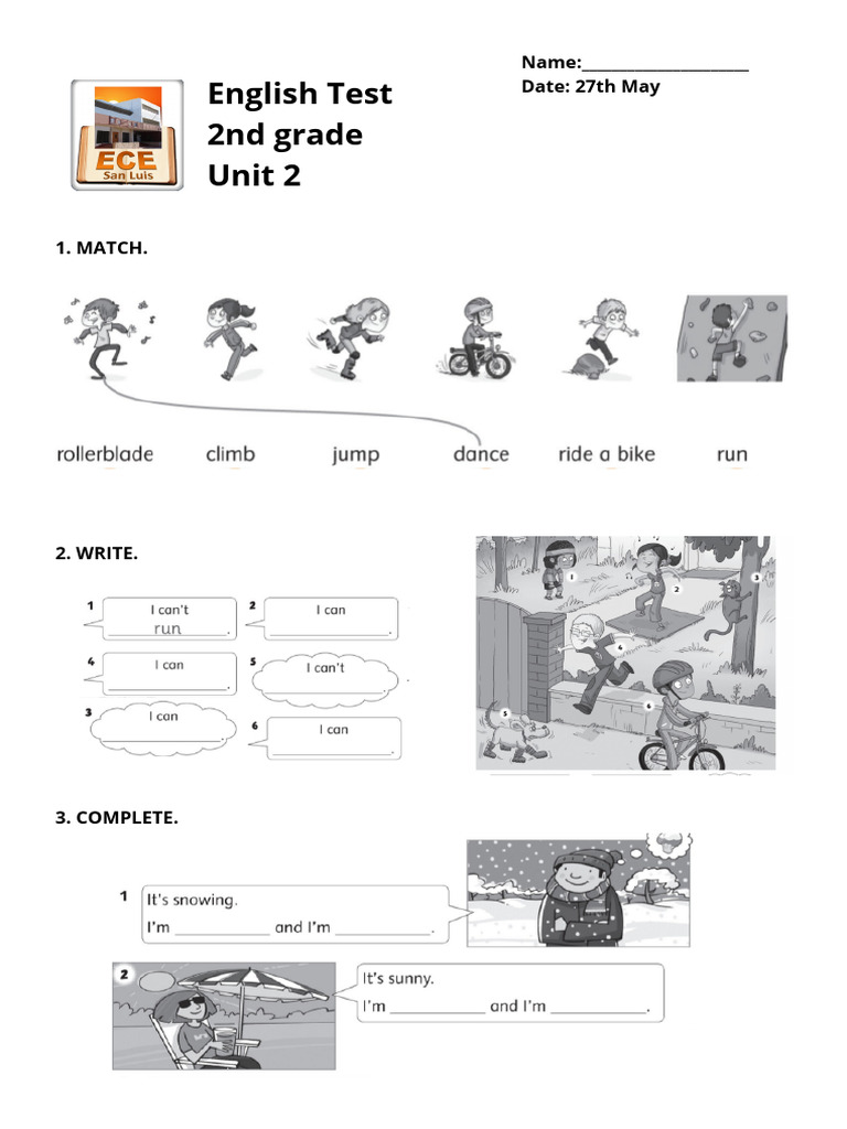 English Test 2nd Grade Unit 2: Name: - Date: 27th May | PDF