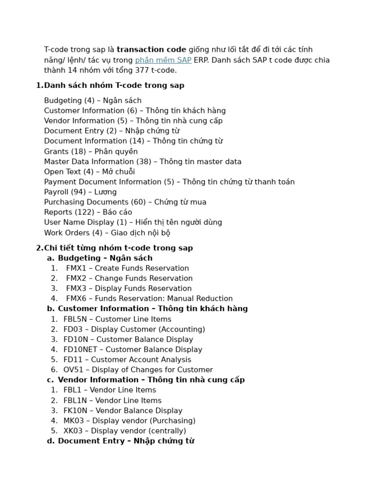 Danh Sách T-Code SAP | PDF | Business