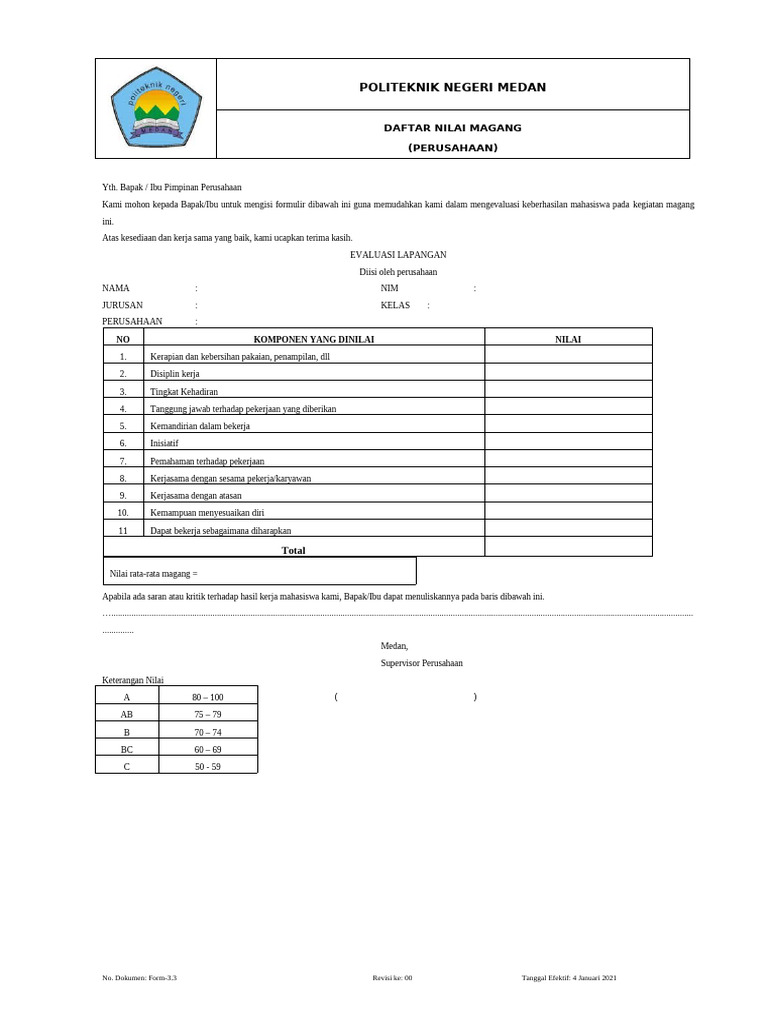 Evaluasi Nilai Magang Mahasiswa Polmed | PDF