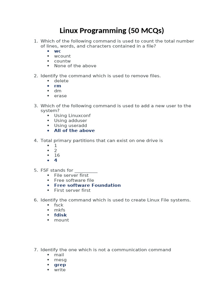 Linux Programming MCQs Quiz | PDF | Operating System | Linux