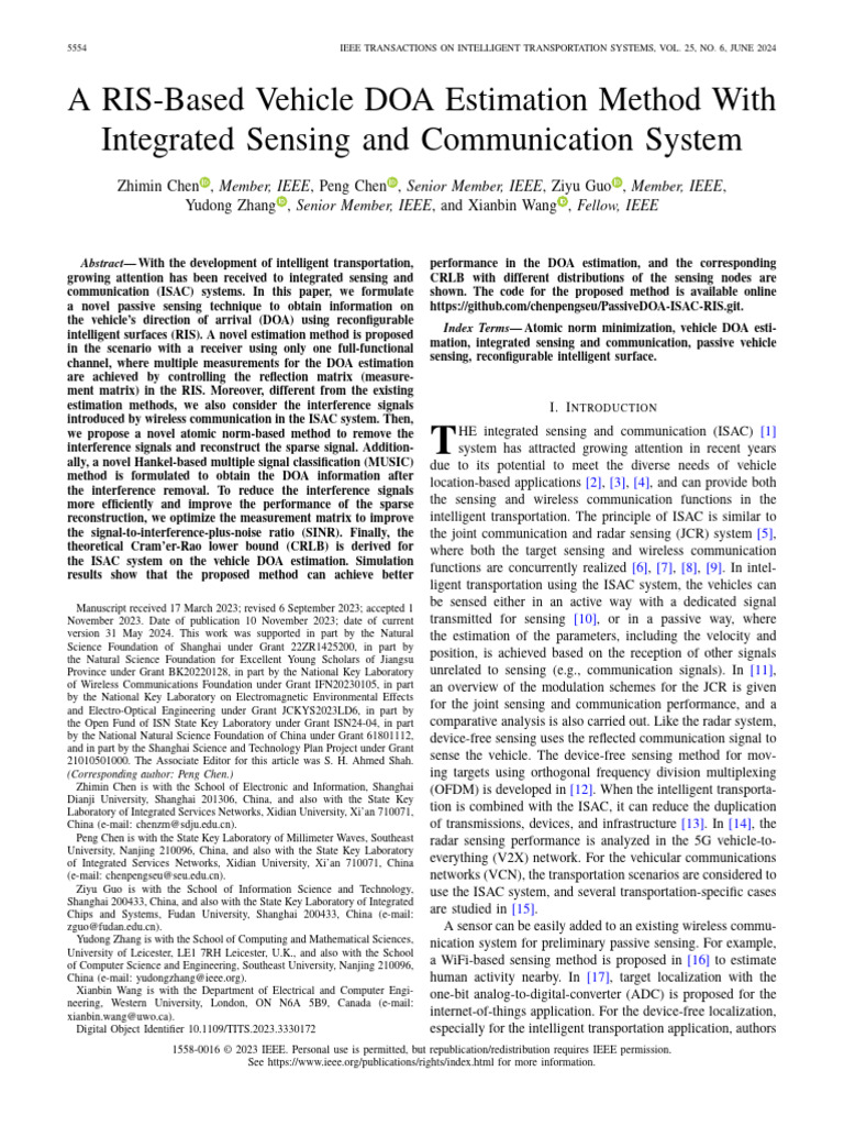 A RIS-Based Vehicle DOA Estimation Method With Integrated Sensing and ...